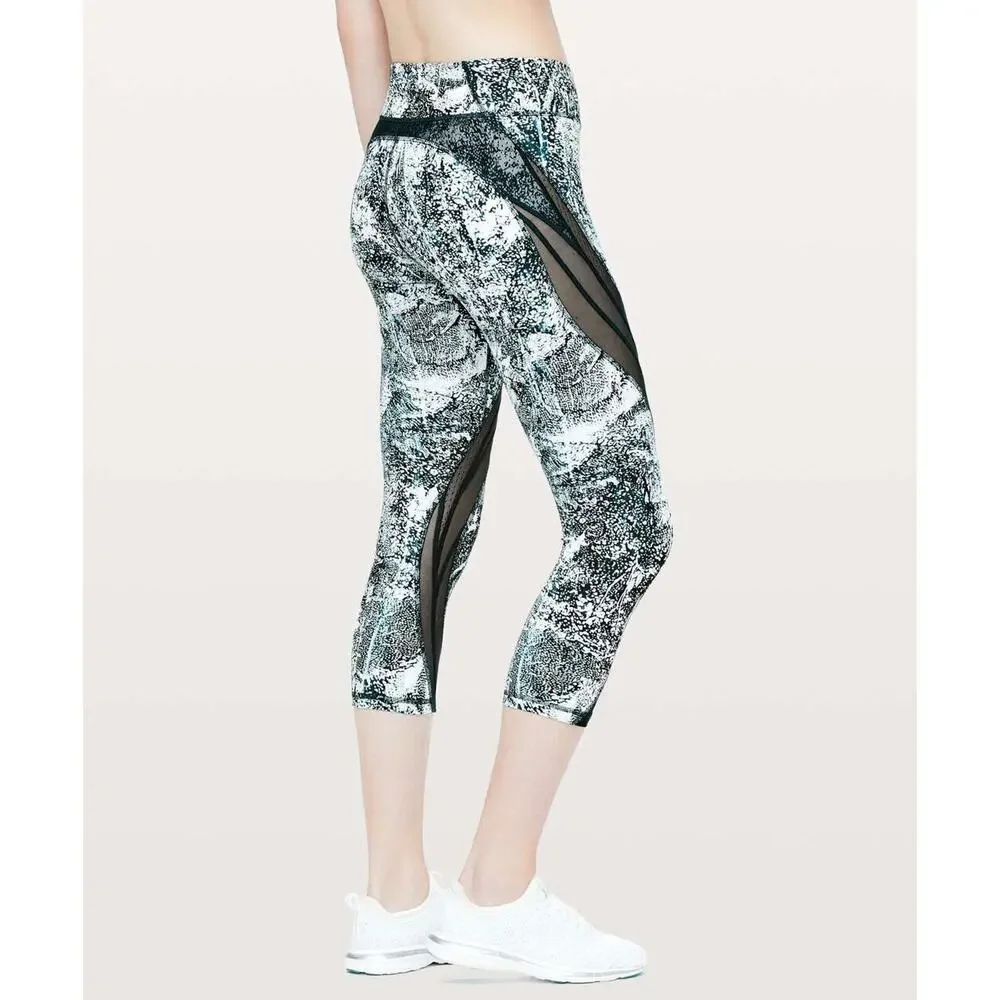 Lululemon Never Still Crop 21" Leggings Wildwood White Nocturnal Teal Mesh Sz 6 - Picture 10 of 12